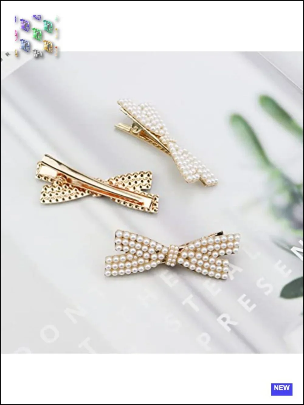 5 Pearl Bow Hair Clips Duckbill Claw Clips Gold Metal Hair Pins